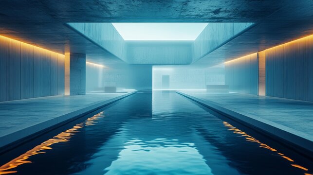 Tranquil modern pool space with ambient lighting and minimalist architecture in a serene environment