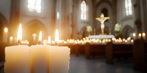 Lit candles in a church, crucifix in the background, soft sunlight streaming through stained-glass windows.  Peaceful worship scene, ideal for religious themes