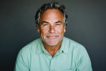 Obraz premium Confident Mature Man Smiling in Green Shirt Against Dark Background