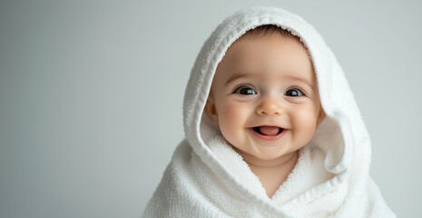 어린아이가 목욕을 하고 목욕타울을 덥고 행복해 웃고있다.
A young child is taking a bath, wearing a bath towel, and smiling happily.