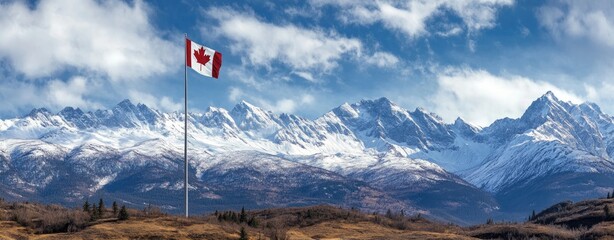 Breathtaking View of the Canadian Flag Overlooking Snow-Covered Wilderness