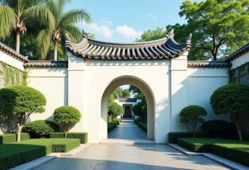 Fototapeta premium Elegant arched gate leading into peaceful garden pathway