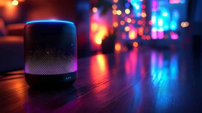 Modern colorful speaker with ambient lighting in cozy living room setting, creating a relaxing atmosphere