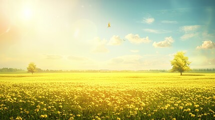 Obraz premium Sunlit Yellow Flower Field at Sunset