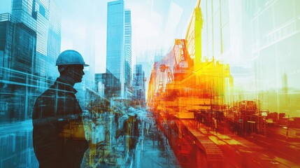 A vibrant cityscape unfolds in a digital artwork, where double exposure blends the bustling energy of construction with the meticulous planning of engineers and architects. Modern construction