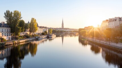 Fototapeta premium Sunrise over river, city buildings, trees, calm water