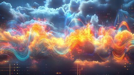 Fototapeta premium Abstract fiery cloudscape with vibrant light trails