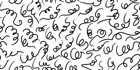 seamless hand drawn Abstract Waves of Curly Black Lines on White Background