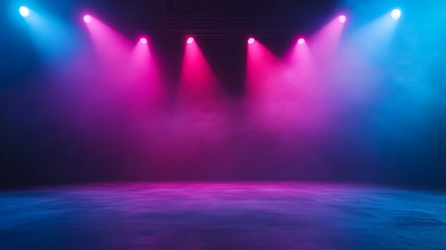 Neon stage lights illuminating a smoky floor.