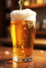 Frothy Beer Poured in Glass on Wood Bar