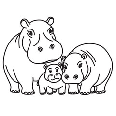 line art of hipopotamus family cartoon vector