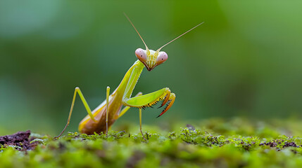 Praying mantis on moss, jungle background, nature close-up