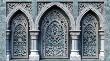 Obraz premium Intricate Stone Carvings on Architectural Arches in Blue Tone