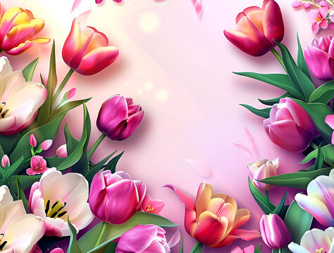 Frame of pink, red and purple tulips on a white background
Vibrant Tulip Blossom with Soft Pink Background
Happy Women's Day
