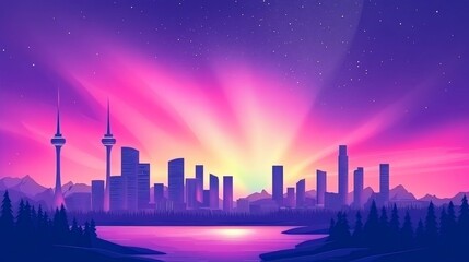 Fototapeta premium Vibrant Aurora Borealis Over Urban Landscape Illustration