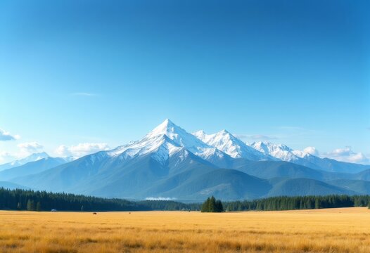 Golden field and snow-capped mountains against a clear blue sky