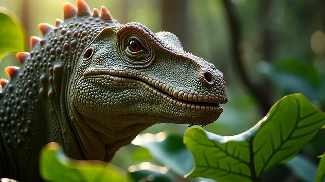 Closeup of a dinosaur in lush forest landscape