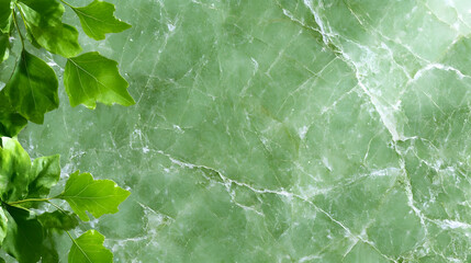 Lush green leaves frame a vibrant green marble background, ideal for nature-themed designs or wellness promotions