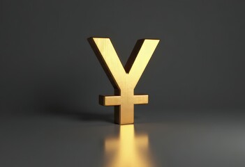 Obraz premium Golden Yen Currency Symbol Reflecting on Dark Gray Surface