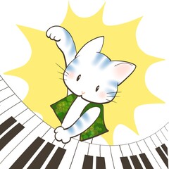 ネコがピアノの熱演をしているかわいいイラスト