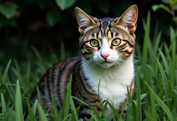 Obraz premium Green-Eyed Tabby Cat in Tall Grass Shadows