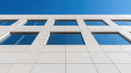 Modern building facade with many windows against clear blue sky.  Possible use Architectural stock photo