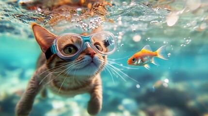 An Orange Tabby Cat Wearing Goggles Underwater Swimming with a Goldfish