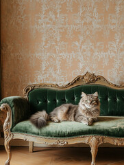 A cute cat sits over a green velvet sofa with French style wallpaper background, professional photography, poster design 