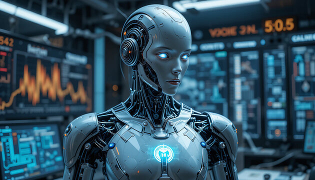 Futuristic AI Humanoid Robot: Data Analysis in a High-Tech Control Room