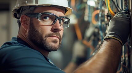 In a bustling commercial space, electricians, a team of skilled professionals, meticulously wire a complex network, their faces etched with concentration and expertise, a testament to the importance