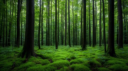 Obraz premium Lush green forest with moss covered ground.