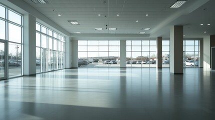Fototapeta premium Empty dealership with minimalist design and spacious, open layout. Featuring neutral tones and sleek decor