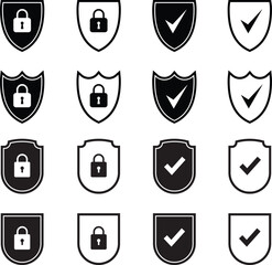 Set of security shield icon. Security shield sign with check mark and padlock. Concept of protection, safety, privacy and cyber security