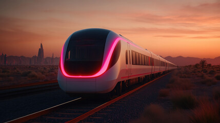 Naklejka premium Futuristic High-Speed Train Journeying Through Desert at Dusk