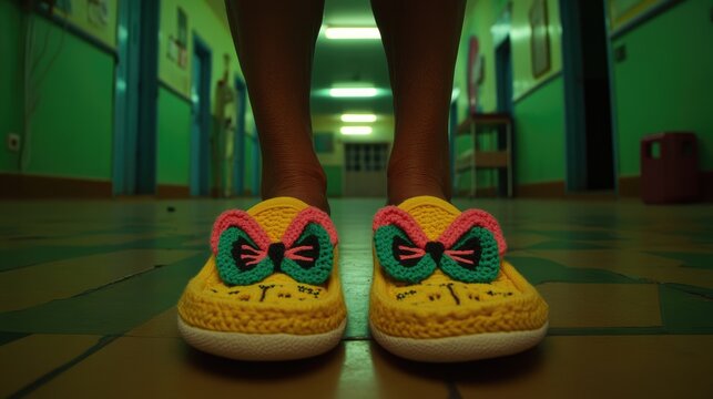 Colorful Knitted Cat Slippers in Dimly Lit Hallway Setting