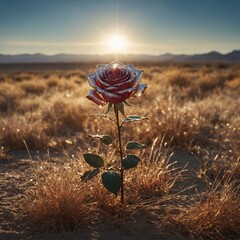 A rose in dry, sunlit grass with a shimmering mirage over a desert lake.