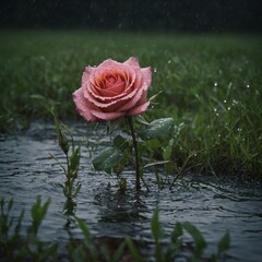 A rose in grass during a light drizzle, soft ripples forming in the water behind.