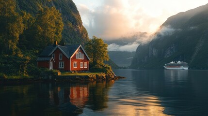 Fototapeta premium Red cabin fjord sunrise cruise ship reflection