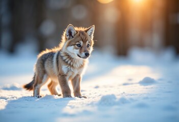 Obraz premium Baby wolf in a snowy forest clearing