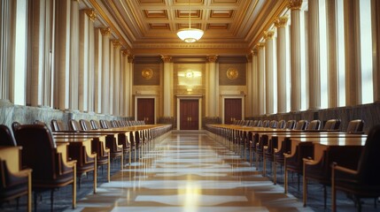 A legislative hall with government officials discussing education reform policies. Featuring opportunity and growth