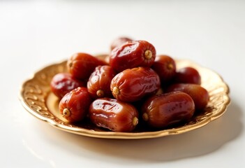 Obraz premium Dates fruits placed on golden arabic plate isolated on white background
