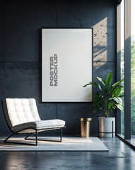 Minimalist Poster Mockup in Modern Lounge with Natural Light and Greenery