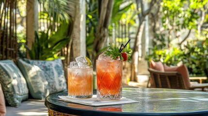 In a vibrant outdoor setting, where sun-drenched patio furniture beckoned, refreshing cocktails, adorned with ice cubes, shimmered in the summer afternoon, promising a moment of pure bliss.