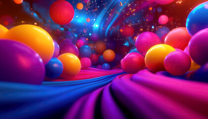 Colorful abstract scene with vibrant spheres and flowing fabric.