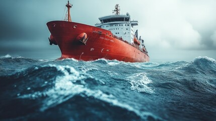 Red cargo ship in stormy ocean waves