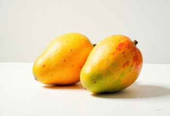 Pair of ripe yellow and red mangoes on white surface