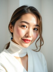Asian Beauty Portrait, Gentle Touch, Glowing Skin, Skincare Concept, Serene Elegance