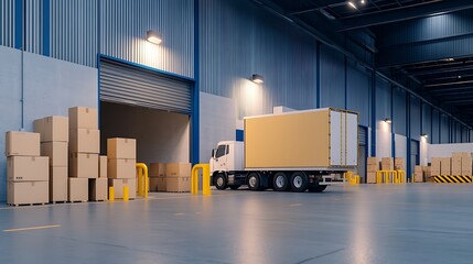 Delivery truck in a large warehouse with cardboard boxes.