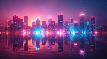 A vibrant neon cityscape with glowing grid-like skyscrapers reflected on a dark surface, symbolizing futuristic urban design and technology.