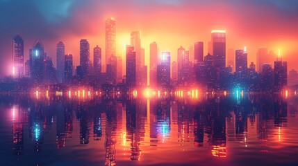 Obraz premium A vibrant neon cityscape with glowing grid-like skyscrapers reflected on a dark surface, symbolizing futuristic urban design and technology.